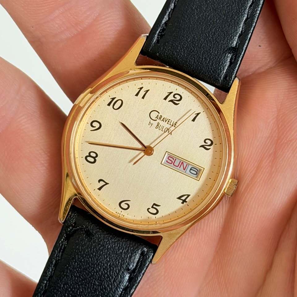 Caravelle by Bulova Day Date Dress Watch Gold Tone
