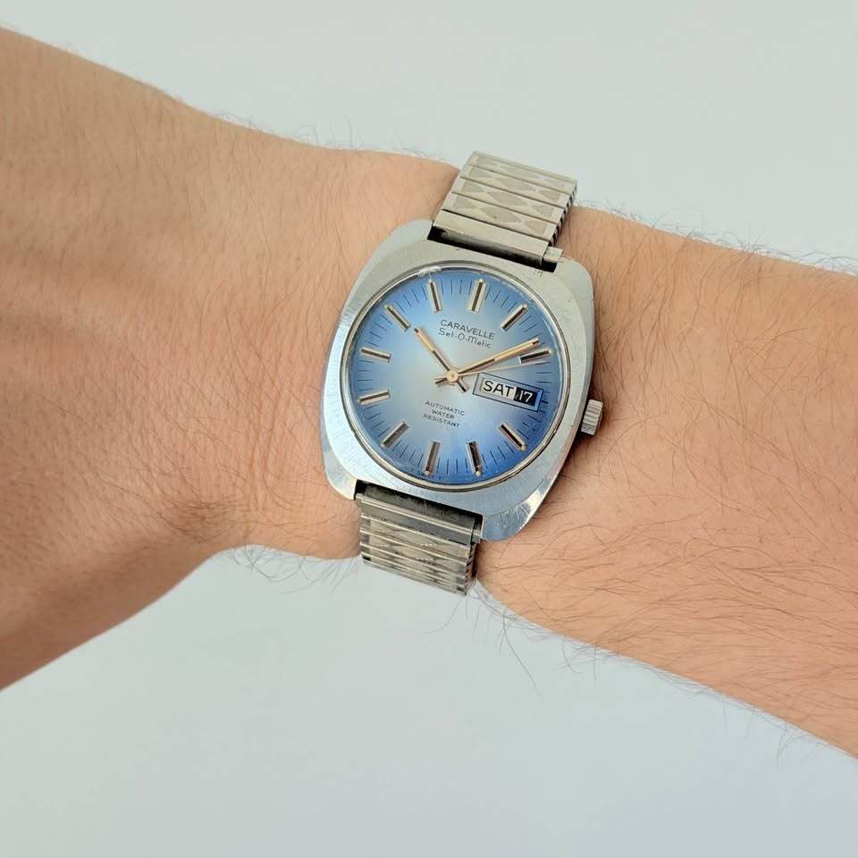 Vintage Caravelle Set-O-Matic Automatic Watch – Blue Dial, Day/Date
