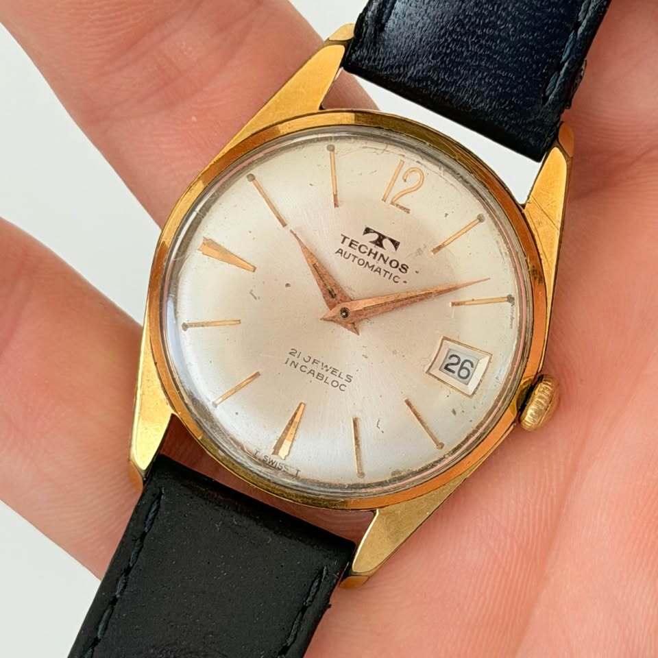 Vintage Technos Automatic Watch – 21 Jewels, Gold Tone, Date