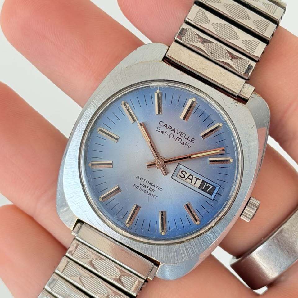 Vintage Caravelle Set-O-Matic Automatic Watch – Blue Dial, Day/Date
