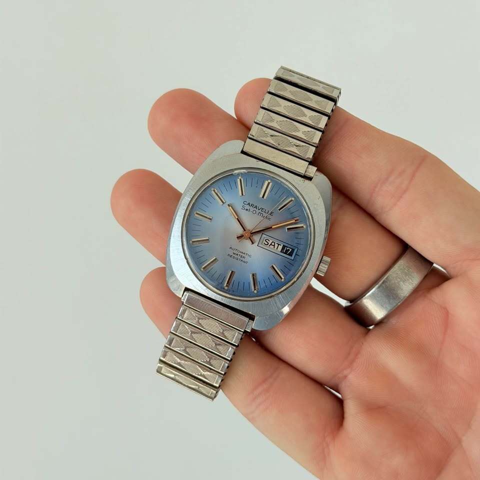 Vintage Caravelle Set-O-Matic Automatic Watch – Blue Dial, Day/Date