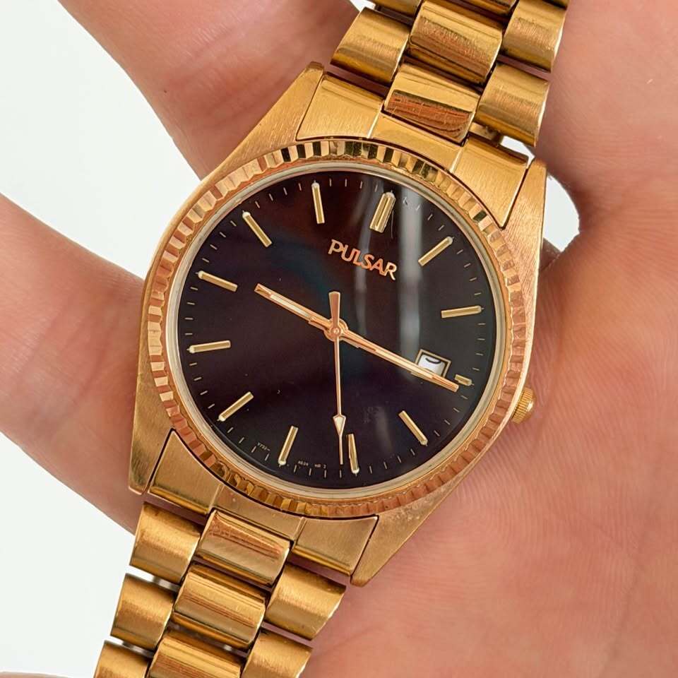 Pulsar Vintage Gold-Tone President Watch Black Dial Date New Battery