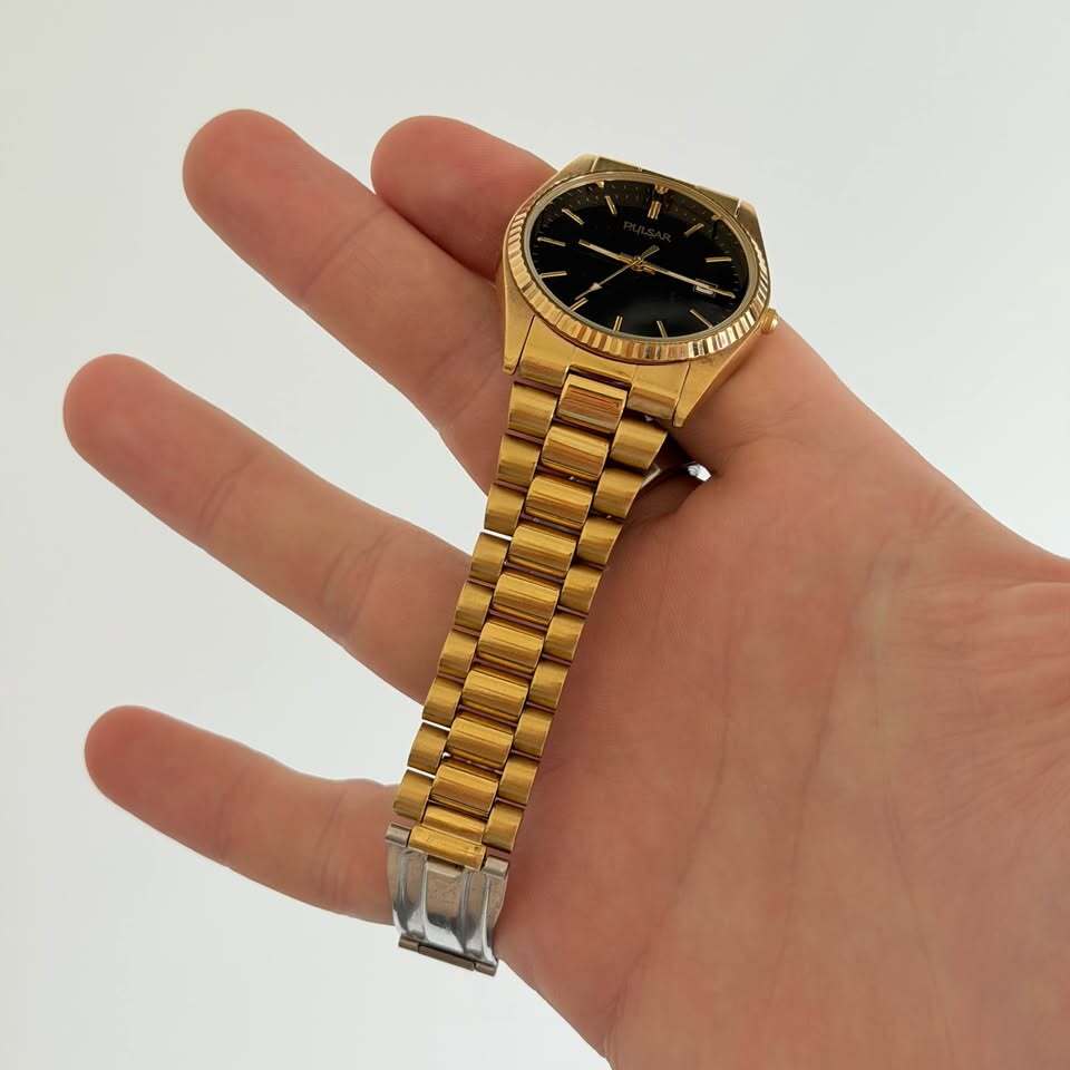 Pulsar Vintage Gold-Tone President Watch Black Dial Date New Battery